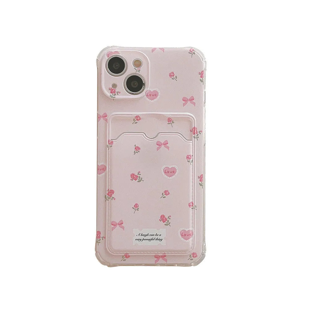 Small broken flower TPU phone case with card holder for iPhone in pink full screen pattern