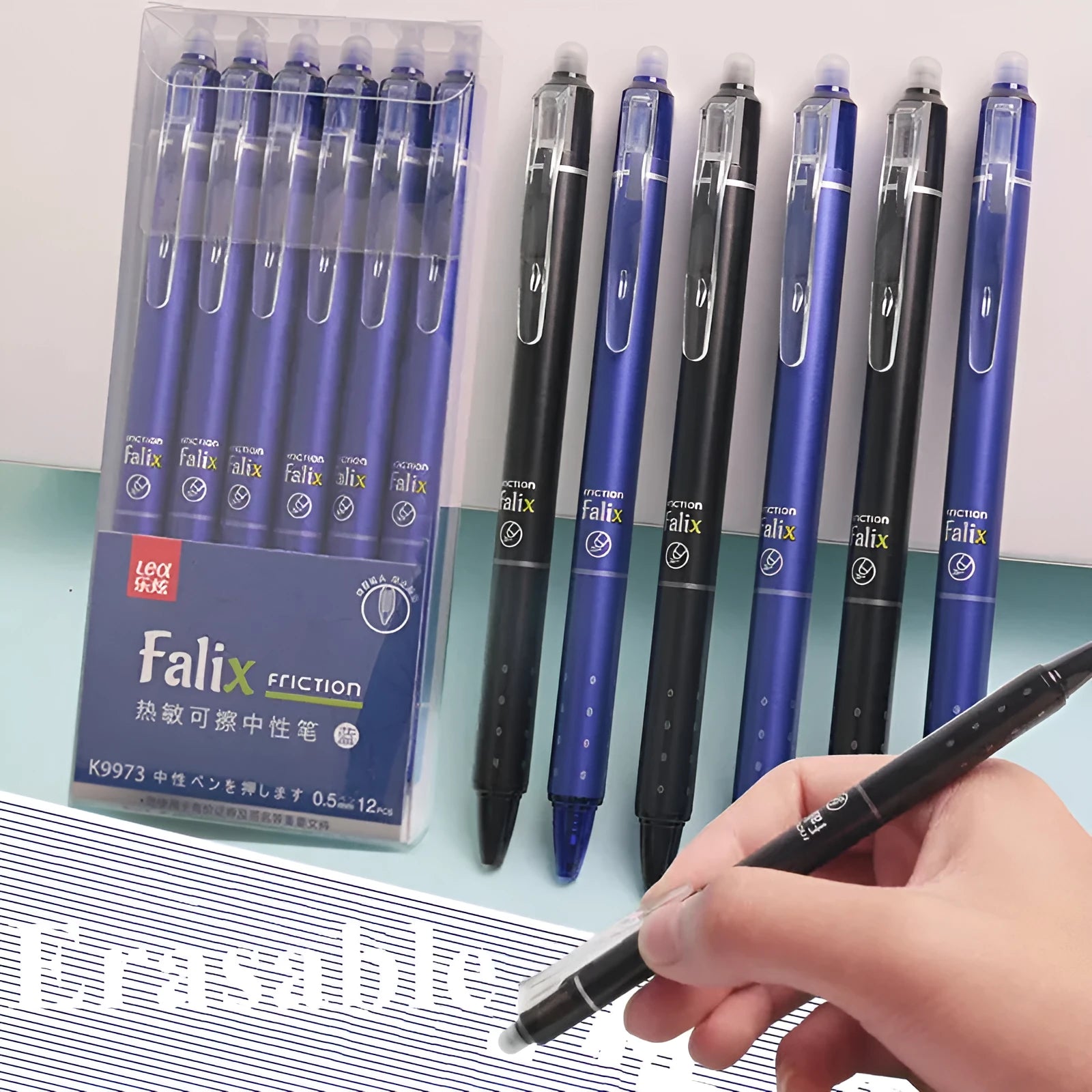 Blue and black erasable gel pen with 0.5mm stainless steel tip for student writing