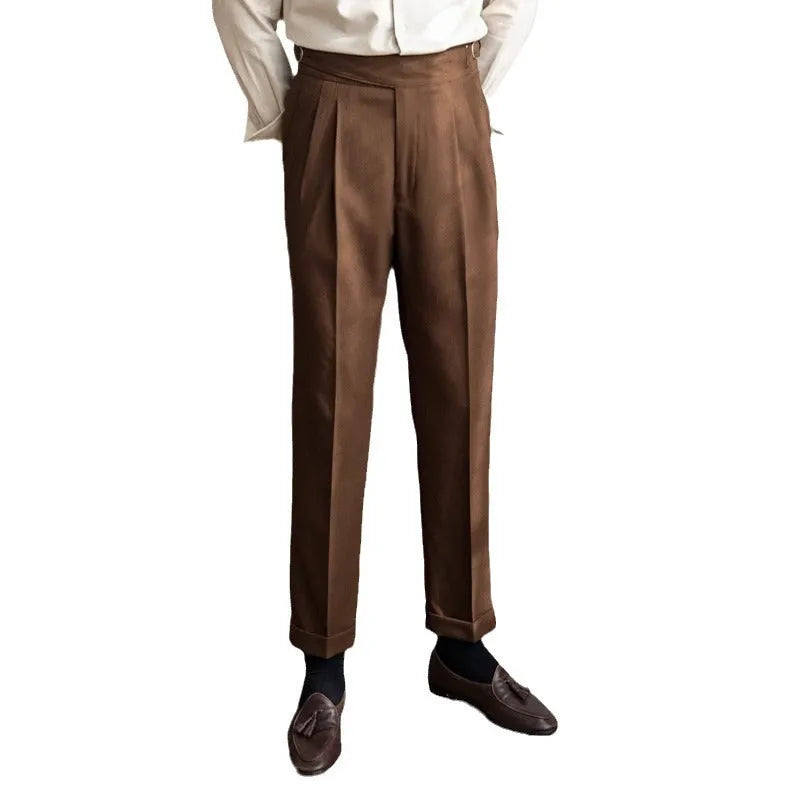 Men's high waist straight leg casual trousers in polyester fabric available in four colours