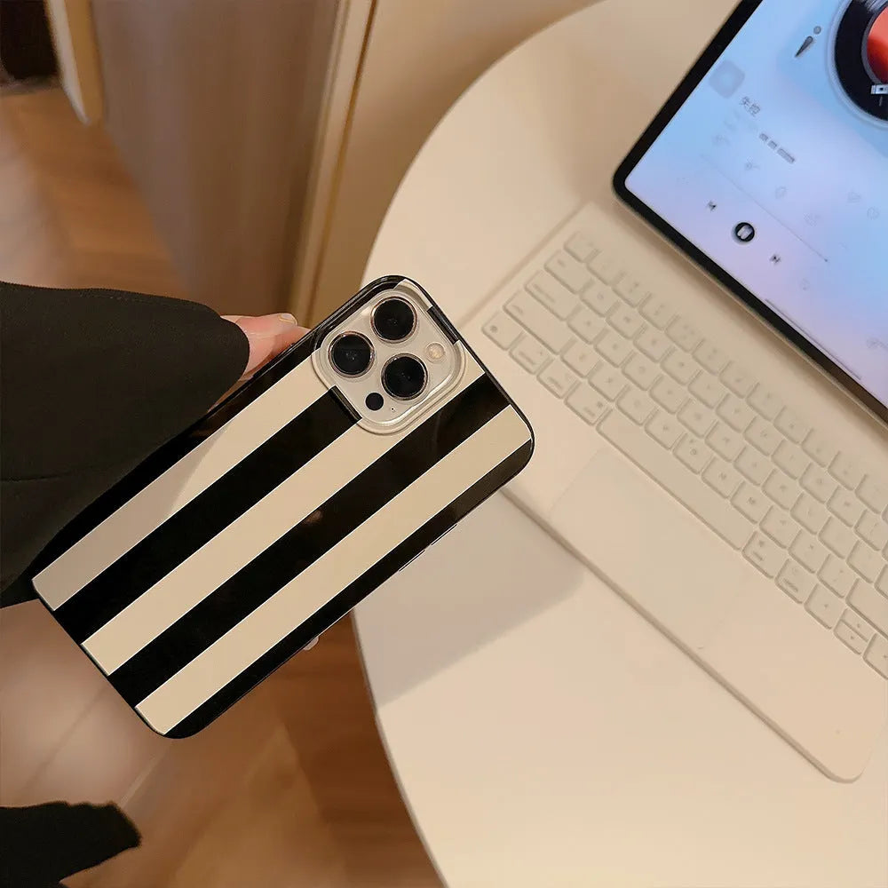 Bright black wide stripes TPU silicone phone case for Apple iPhone, soft shell Japan Korea style