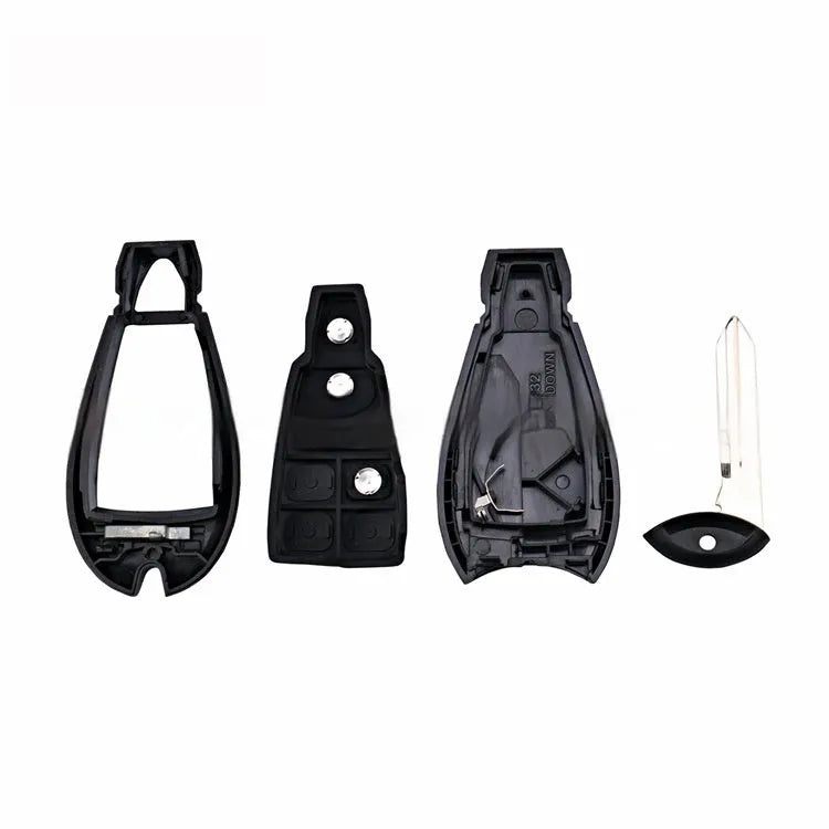 White plastic key shell case for Dodge and Chrysler smart keys, showing front and back views.