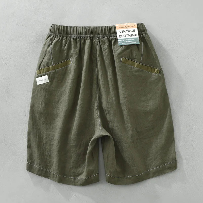 Men's linen straight drooping shorts in black or green with drawstring waist for summer casual wear