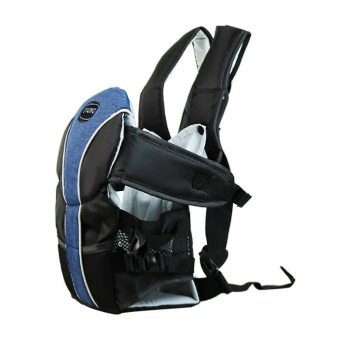 Blue double-shoulder baby carrier showing face-to-face carrying position with breathable fabric
