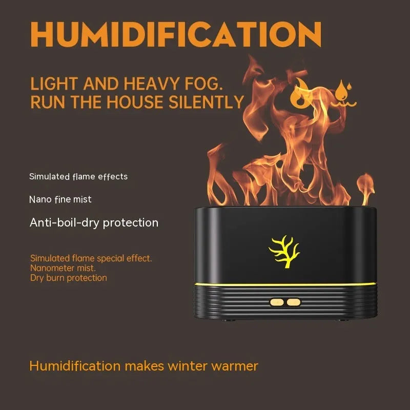 Square white or black USB flame humidifier with LED fire effect and mist output