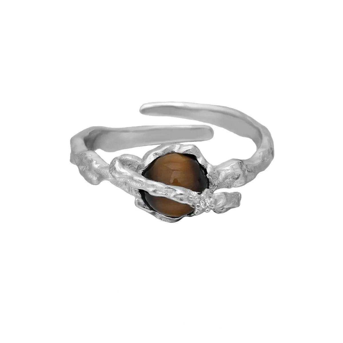 Saturn design adjustable silver ring with white gold electroplated finish and tigereye open pattern