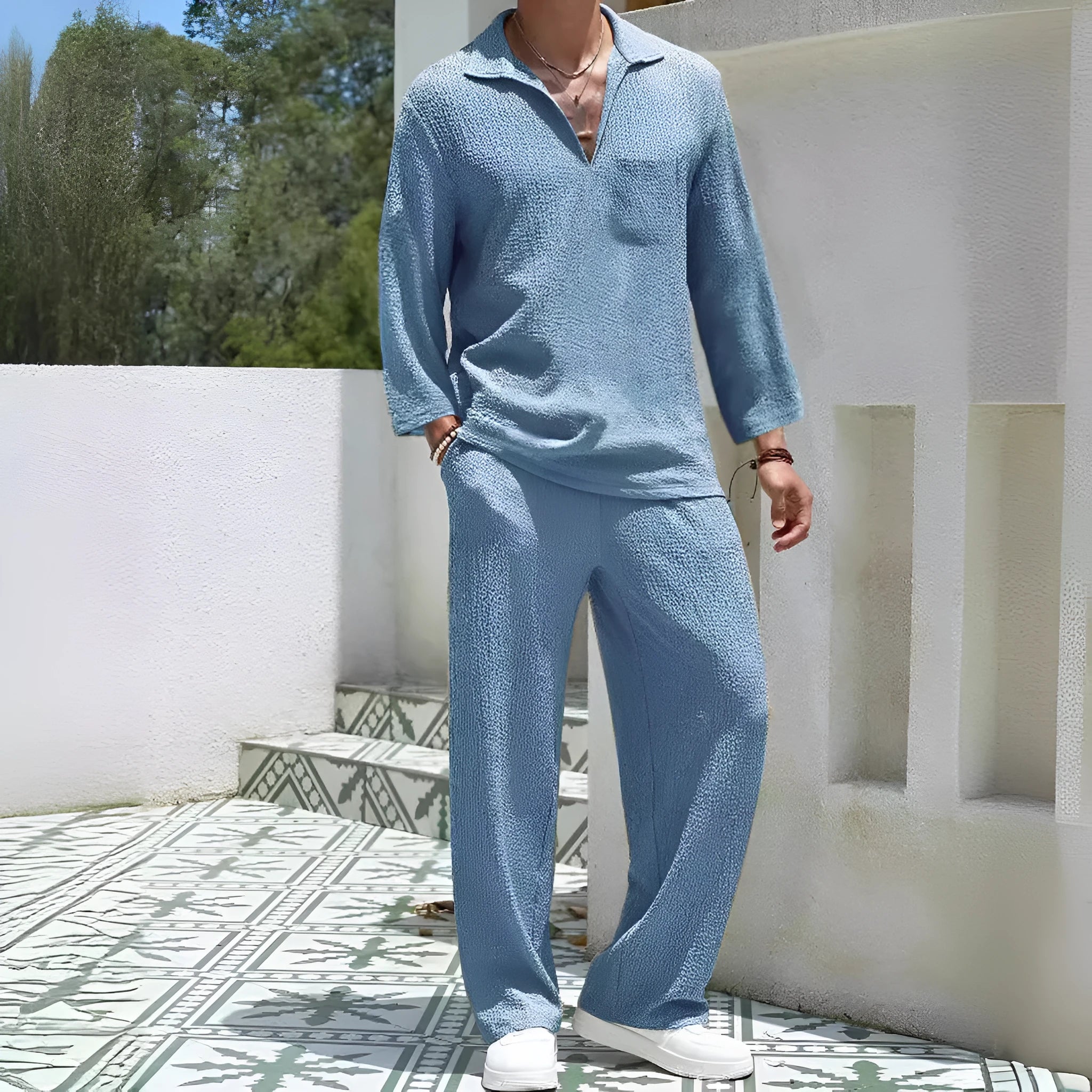 Men's casual shirt and trousers suit in polyester, shown in lake blue, khaki, black, and caramel colour options.