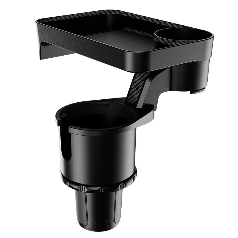 Black ABS plastic car-mounted rotating dinner tray holder showing 360-degree rotation function