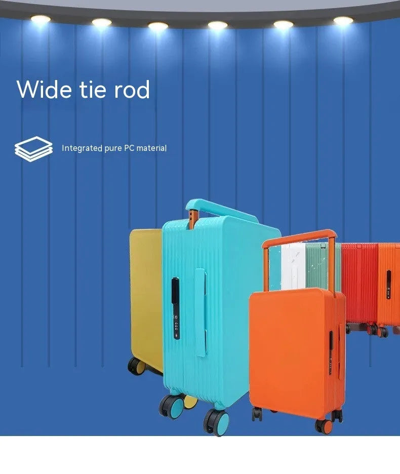 20 inch PC hard shell suitcase with wide draw-bar pull rod, universal wheels and solid macaron colour finish