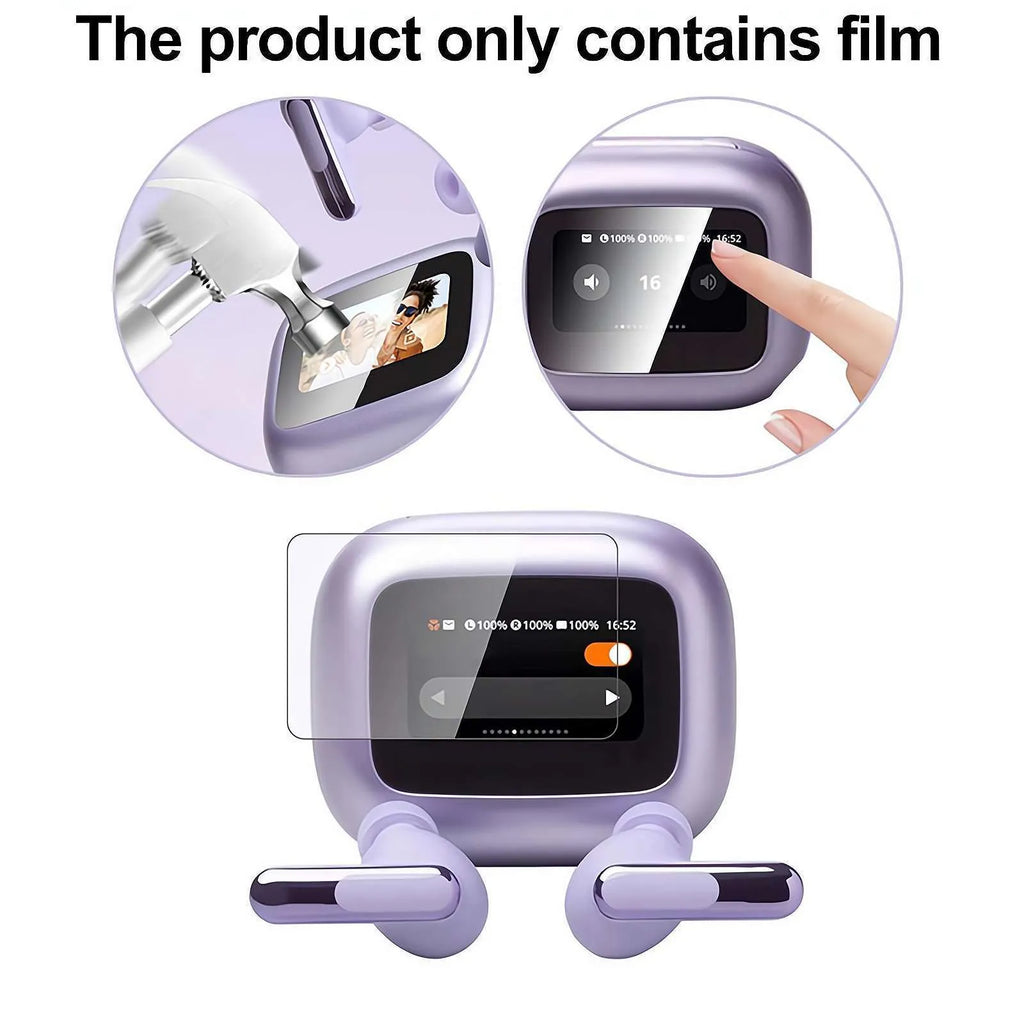 Transparent Bluetooth headset protective film on a table, showing its compact size and clear finish