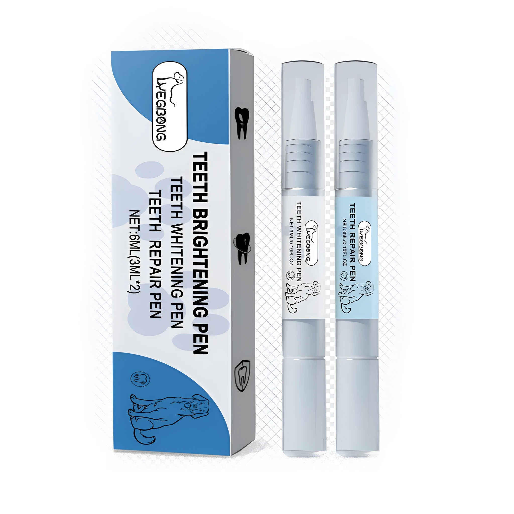 Pet teeth whitening pen set showing whitening pen and repair pen for dog and cat dental care