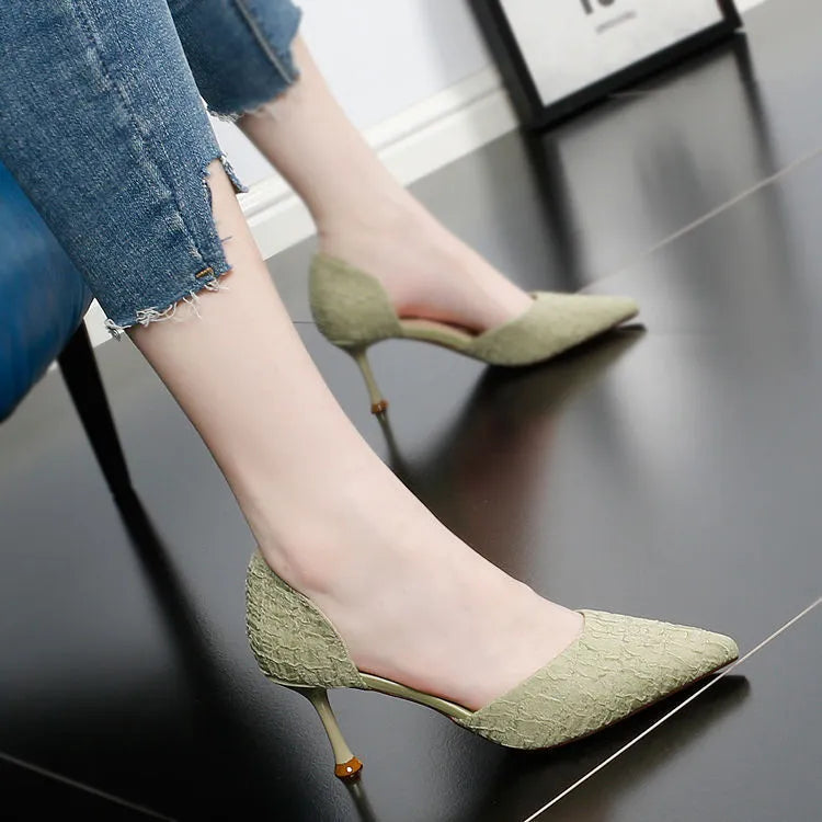 Women's black pointed-toe stiletto high-heel shoes with PU leather upper.