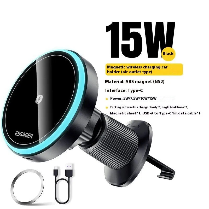 15W magnetic suction wireless car charger bracket with black finish for air vent mounting