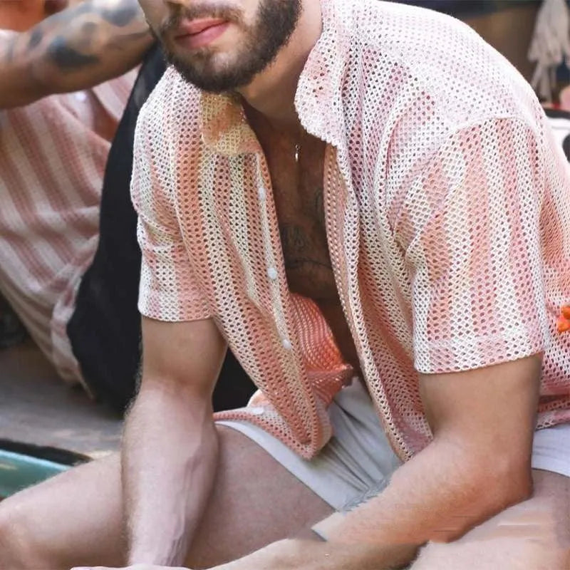 Men's pink waffle knit summer shirt with short sleeves and loose cardigan style