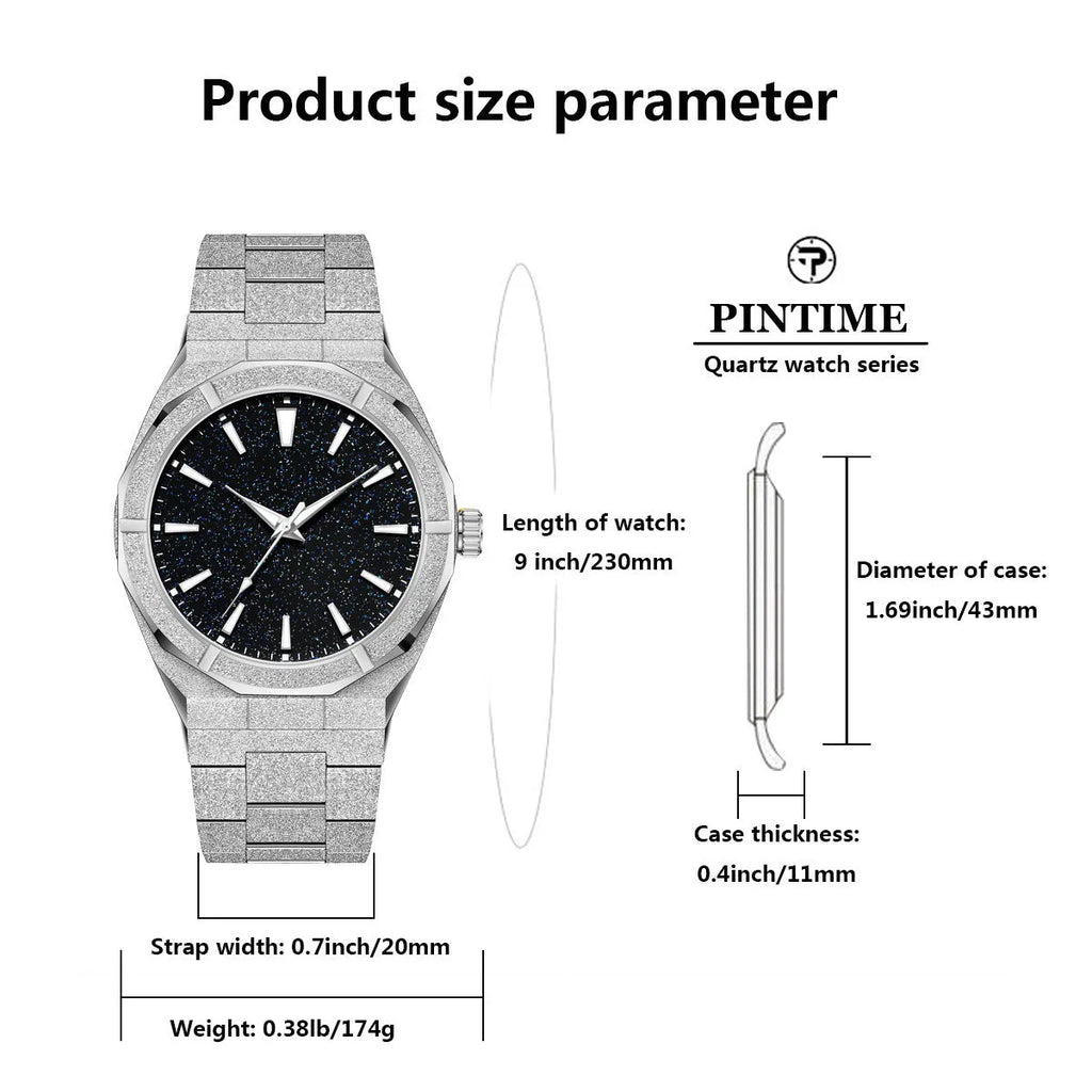Men's frosted stainless steel business watch with luminous markers on dial in black, gold, or silver.