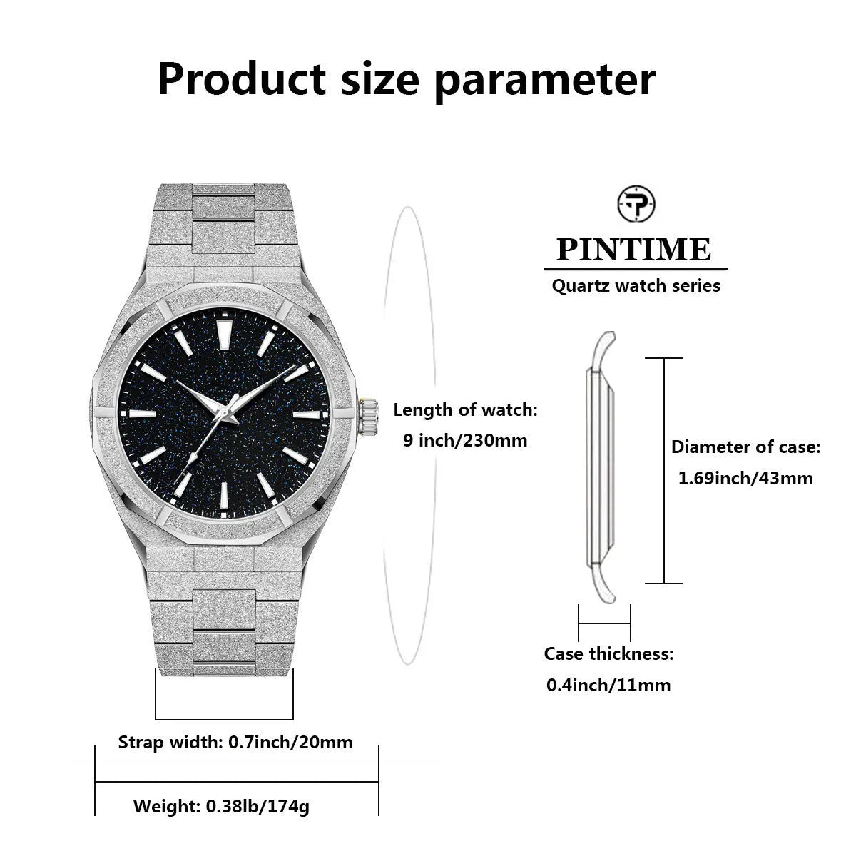 Men's frosted stainless steel business watch with luminous markers on dial in black, gold, or silver.