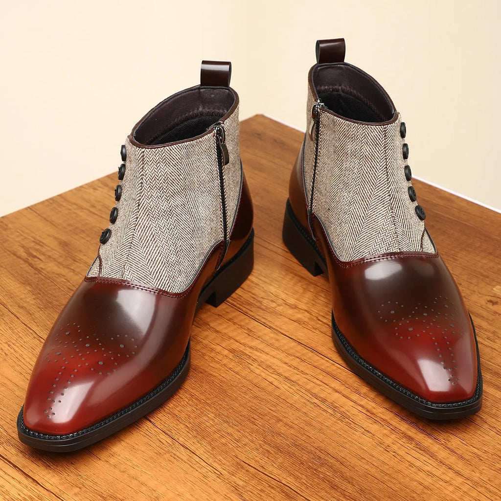 Men's brown retro formal shoes with side zip and square toe on a white background.