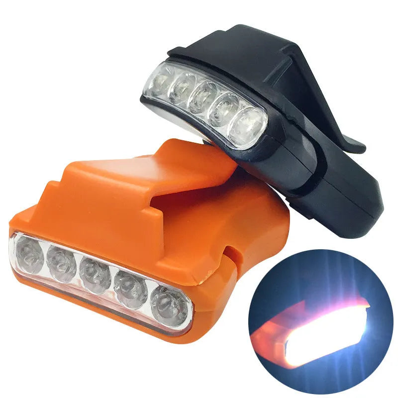 5LED ABS plastic cap lamp clipped to a cap brim, measuring 5x4.5cm, available in black or orange for outdoor use