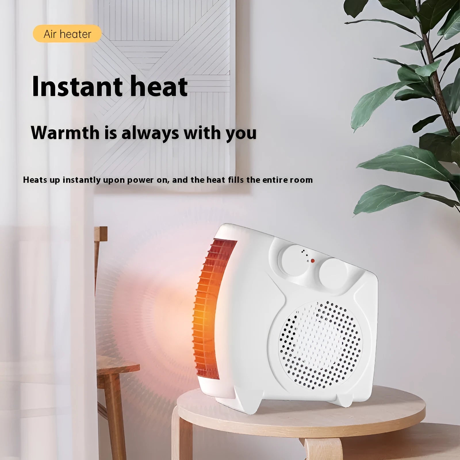 Small white compact electric heater for desk use with dimensions 290mm by 224mm by 160mm.