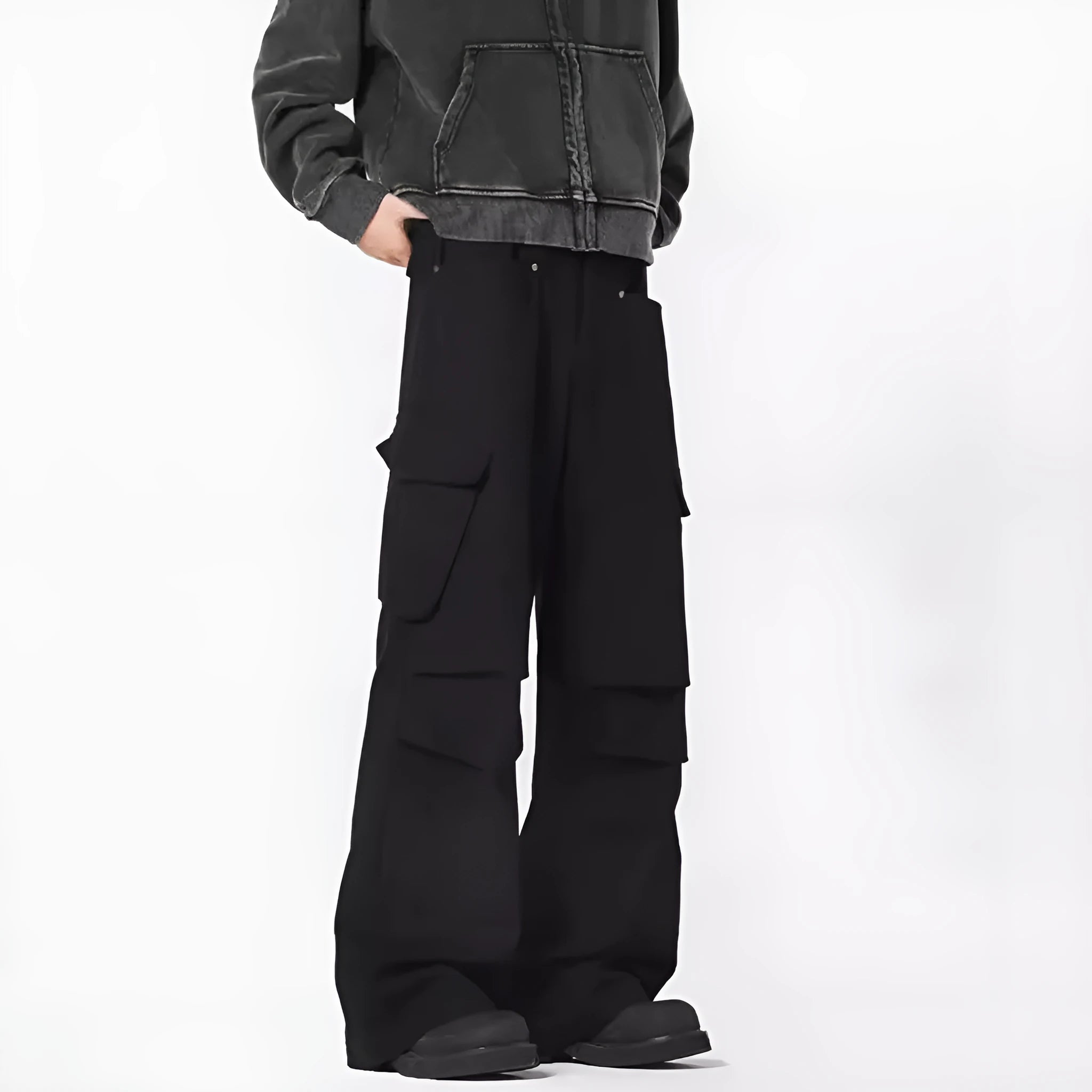Men's straight casual trousers in black with high waist and cardigan button opening detail