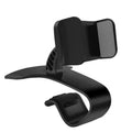 Black dashboard car phone holder mounted on a car dashboard edge, holding a smartphone.