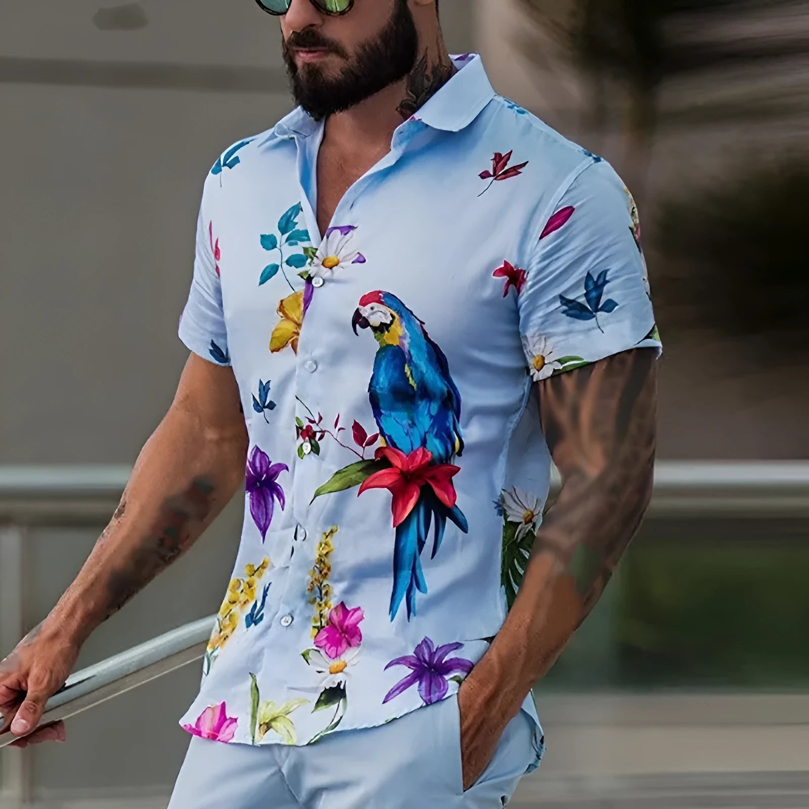 Men's blue Hawaiian beach short sleeve shirt with pointed collar, front view on mannequin