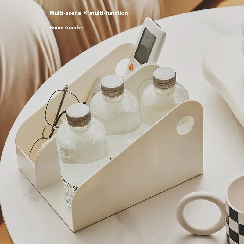 Desktop plastic storage box with two-layer shelf design in milk coffee colour