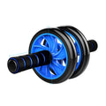 Dark blue double-wheel abdominal roller with push-up support and palm guard, ABS plastic, 16.5cm and 14.5cm roller diameters.