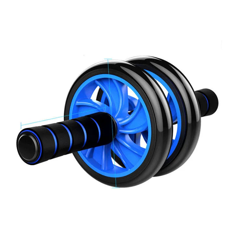 Dark blue double-wheel abdominal roller with push-up support and palm guard, ABS plastic, 16.5cm and 14.5cm roller diameters.