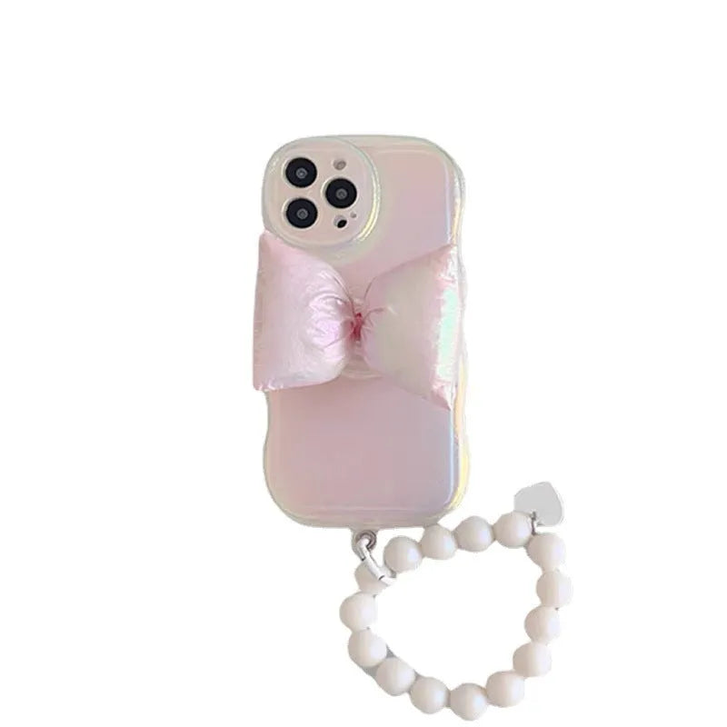 Soft silicone iPhone case with laser sparkle powder and bowknot design in pink