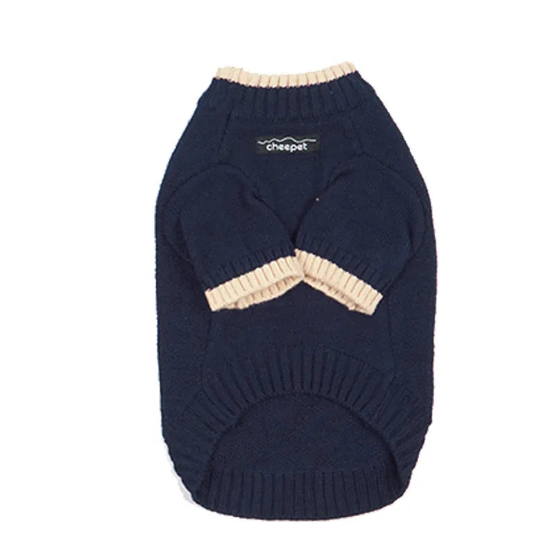 Dog wearing contrast colour two-leg wool sweater in British style