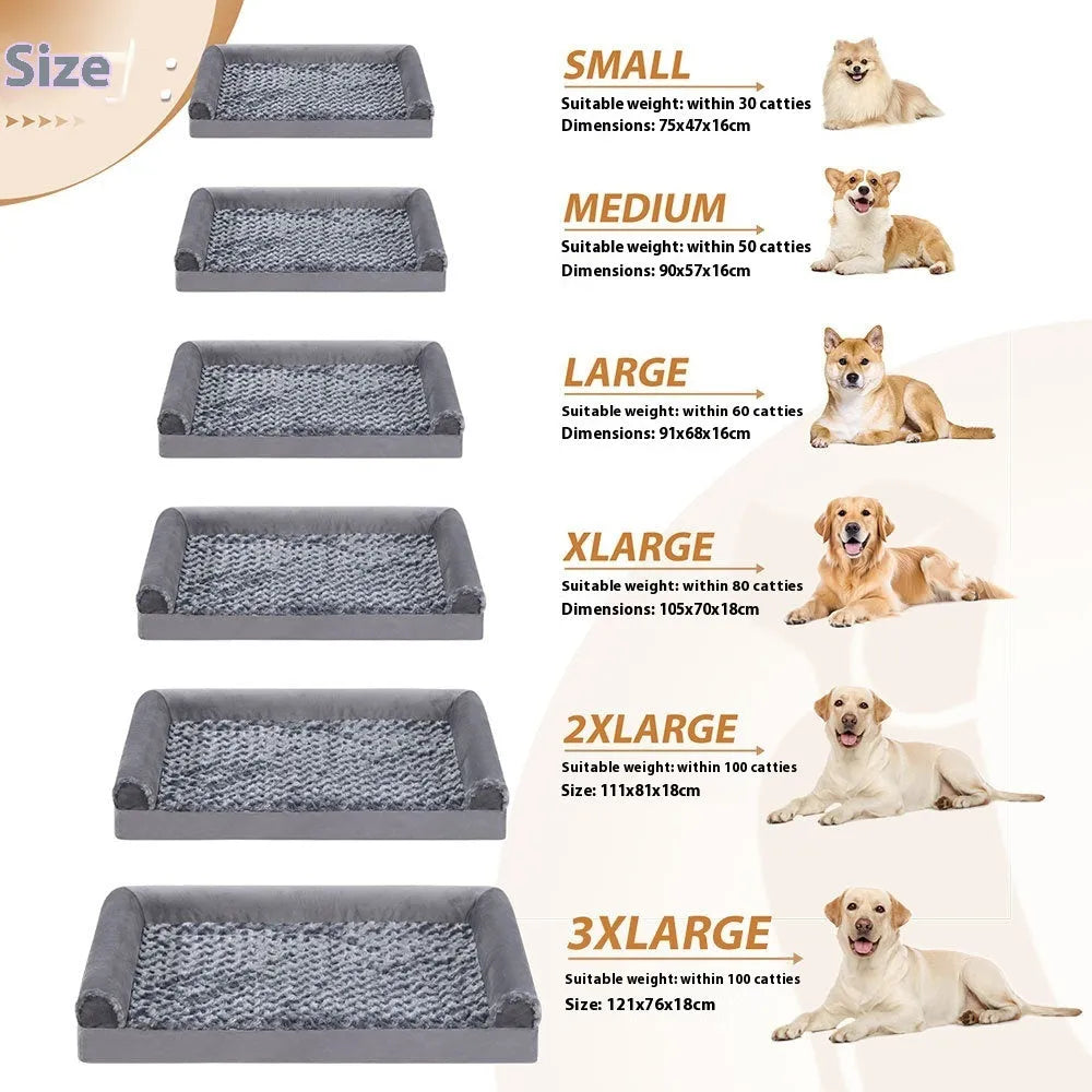 Grey U-shaped removable cover dog sofa for pets on a wooden floor