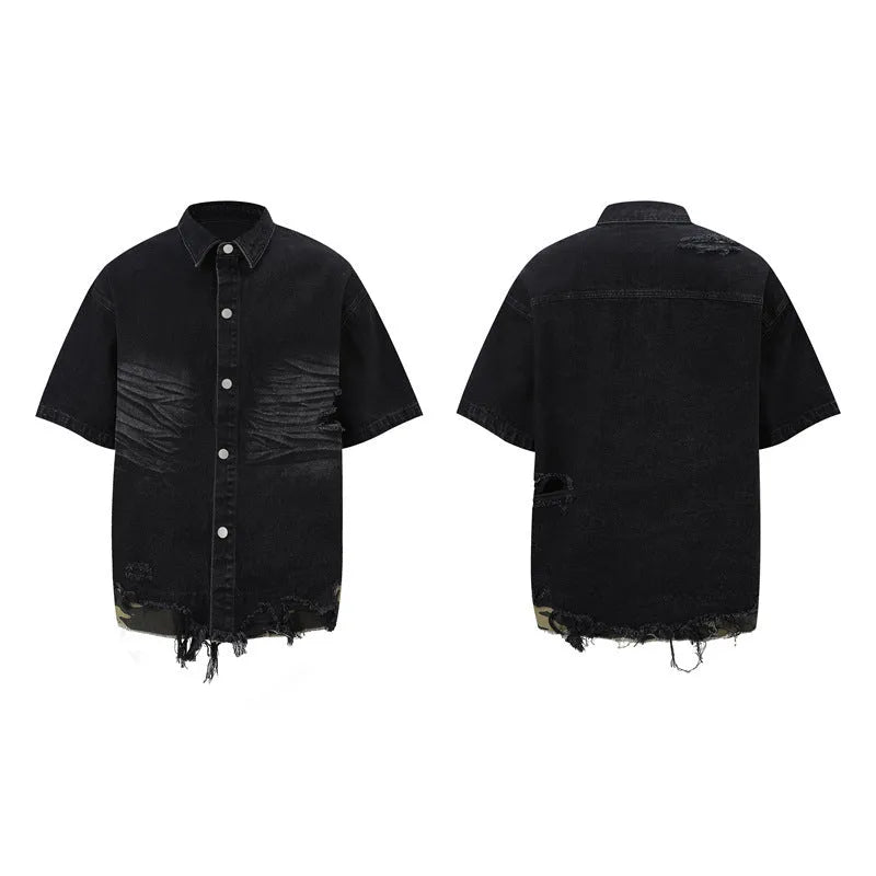Leopard print denim short sleeve shirt and shorts set with cut edge stitching detail in black colour option