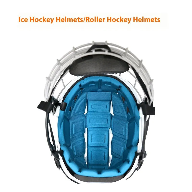 Ice hockey helmet with a carbon steel face mask, shown in an available size.
