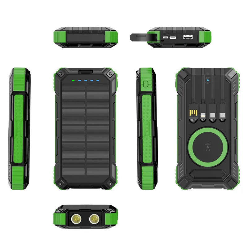 Industrial style 20000mAh solar power bank with LED flashlight black ABS plastic shell