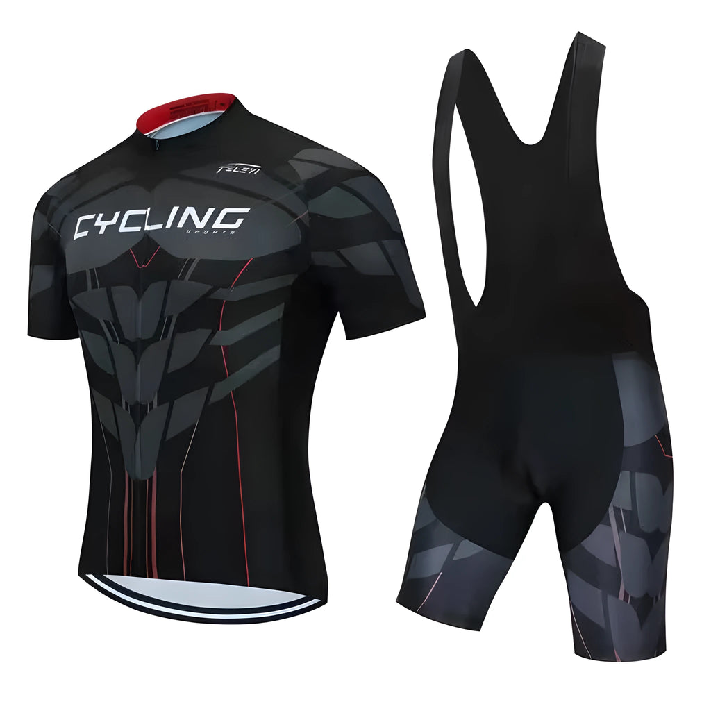 A cycling jersey set on a mannequin, showing a sleeveless top and matching pants, for summer mountain and road biking.