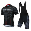 A cycling jersey set on a mannequin, showing a sleeveless top and matching pants, for summer mountain and road biking.