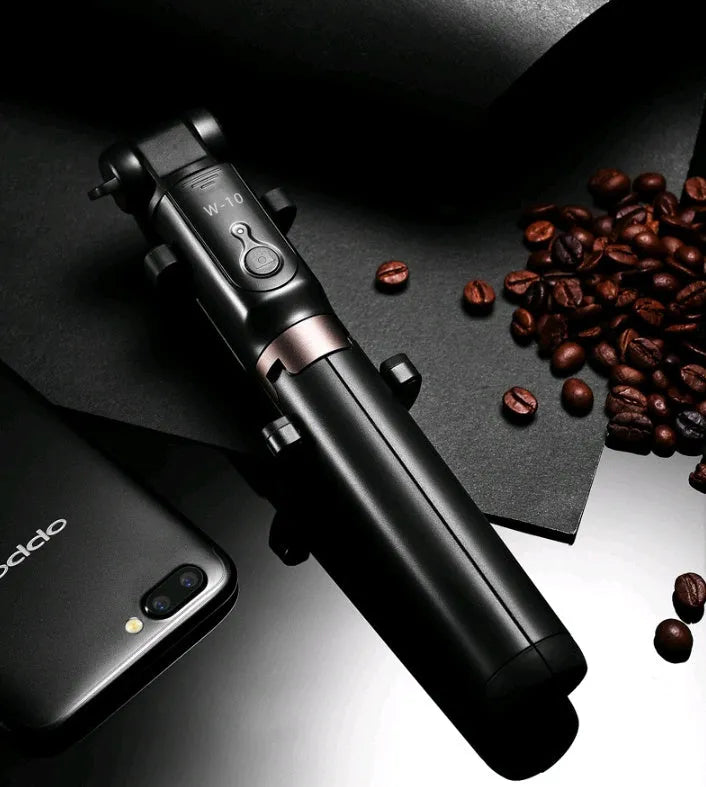 Aluminium alloy Bluetooth selfie stick with tripod and remote control for mobile phones.