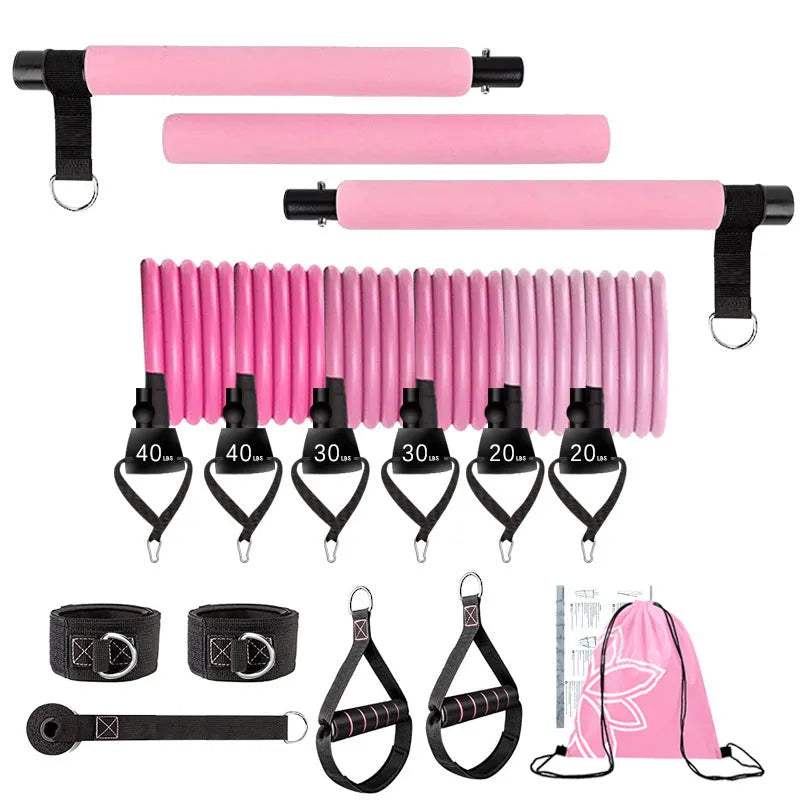 Women's fitness resistance stick set with multiple pink purple black TPE tubes for adjustable strength training
