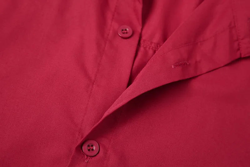 Teenage men's red stand-up collar casual shirt with traditional Chinese style mandarin collar