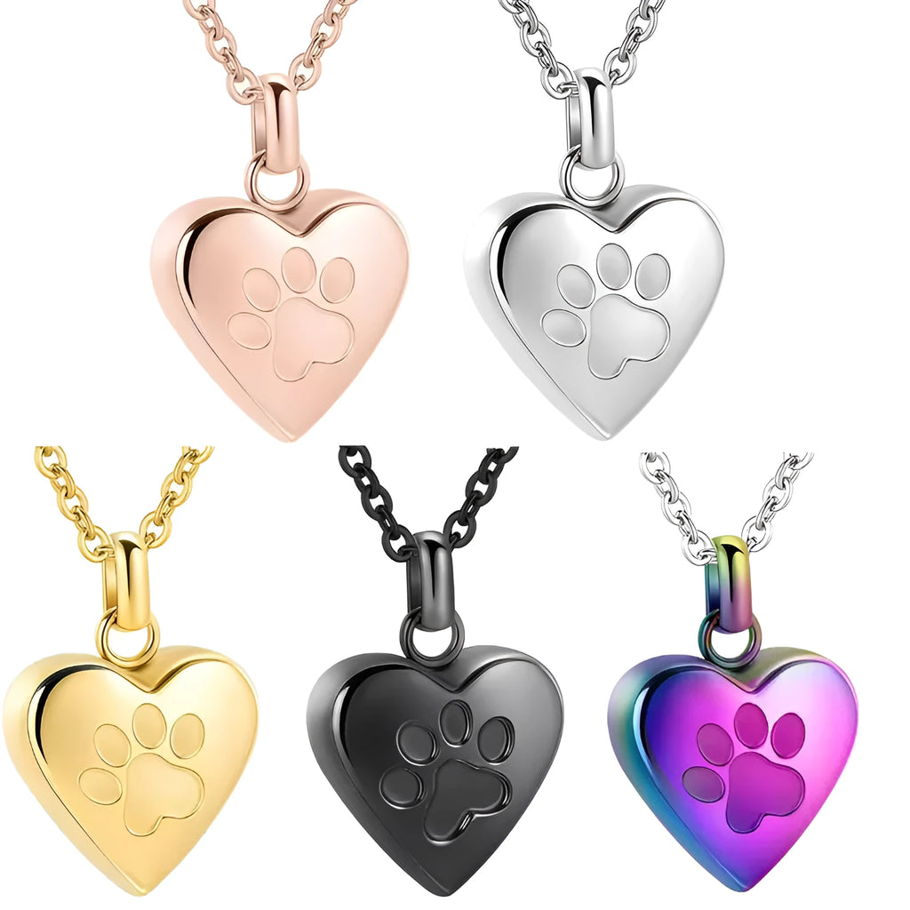 Simple openable heart pendant necklace with paw print, made from polished titanium steel for ashes.