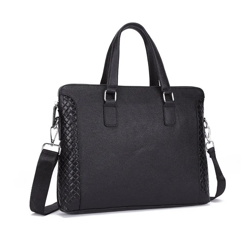 Men's genuine black leather horizontal briefcase with embossed geometric pattern, soft handle, and slit pocket for 14-inch laptop