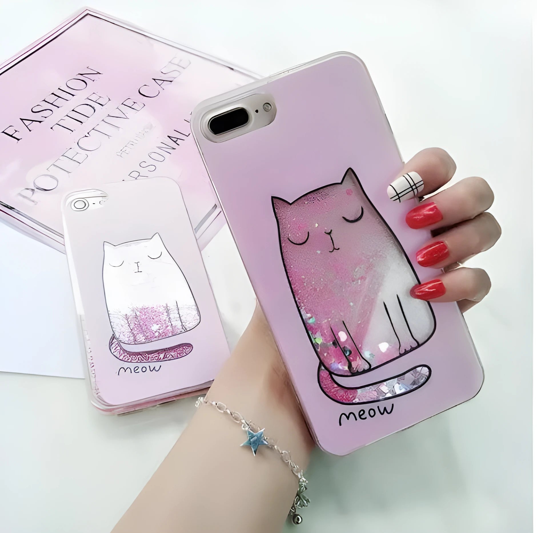 Set of four colourful glitter phone cases featuring cat designs for iPhone models.