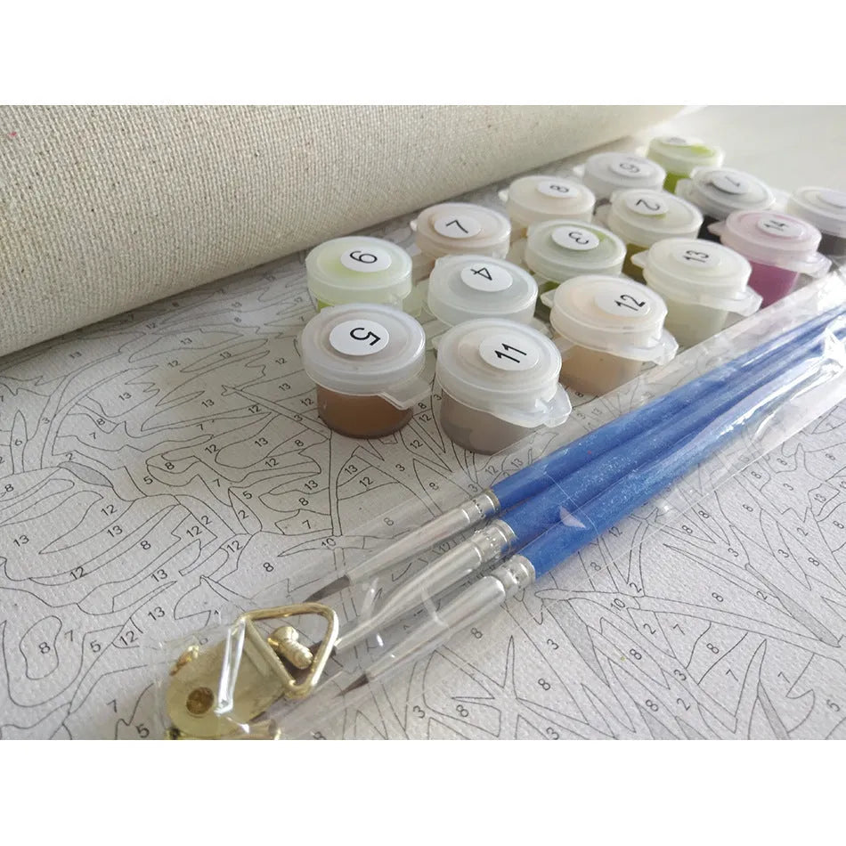 40x50cm paint by numbers kit showing printed linen landscape canvas, acrylic paint pots, and optional wooden stretcher frame.