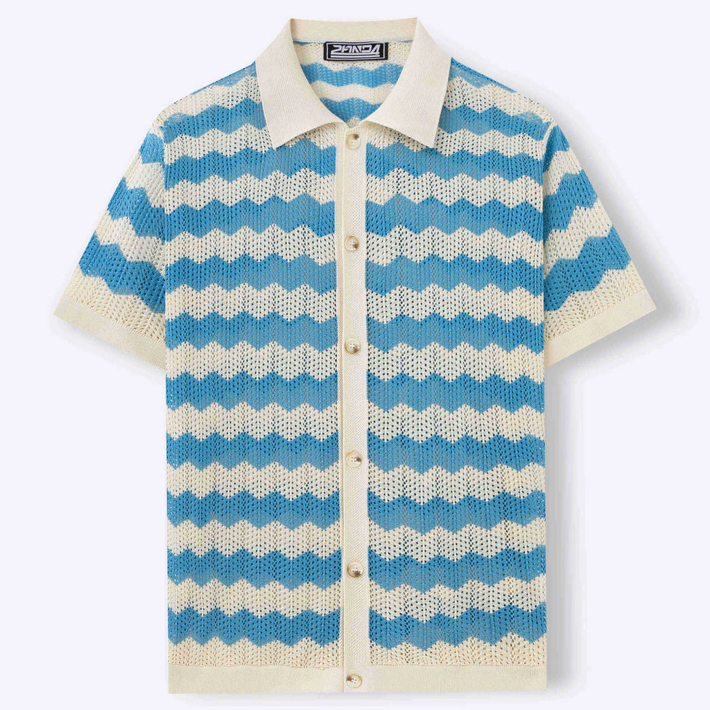 Yellow, blue, and brown short-sleeved sweater with a hollow jacquard corrugated texture.