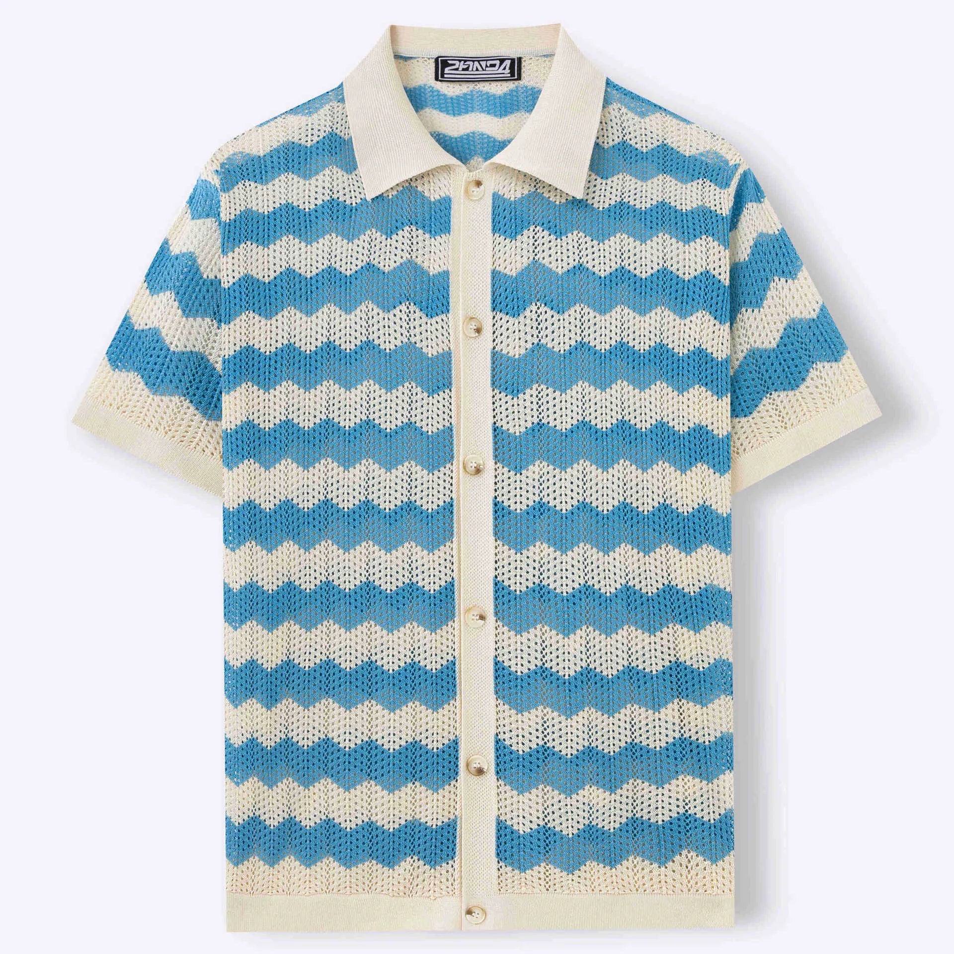 Yellow, blue, and brown short-sleeved sweater with a hollow jacquard corrugated texture.