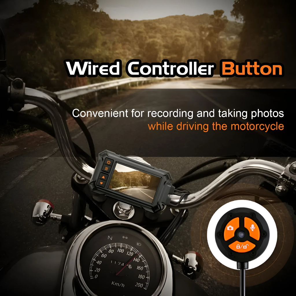 Motorcycle dual lens GPS tachograph recorder with waterproof host unit and mounting accessories.
