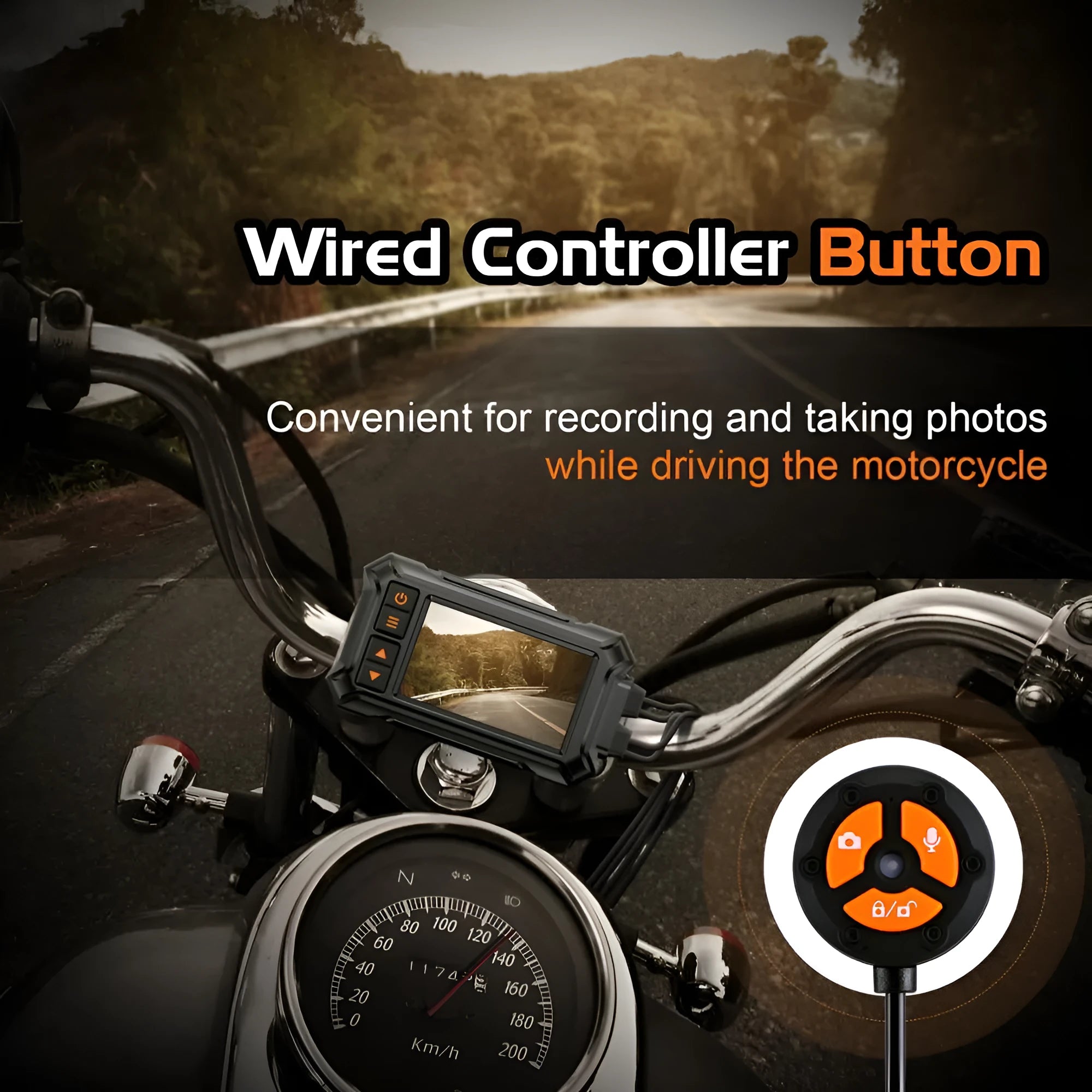 Motorcycle dual lens GPS tachograph recorder with waterproof host unit and mounting accessories.