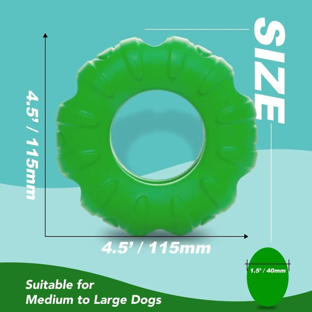 Blue tyre-shaped dog chew toy with oval openings for food dispensing
