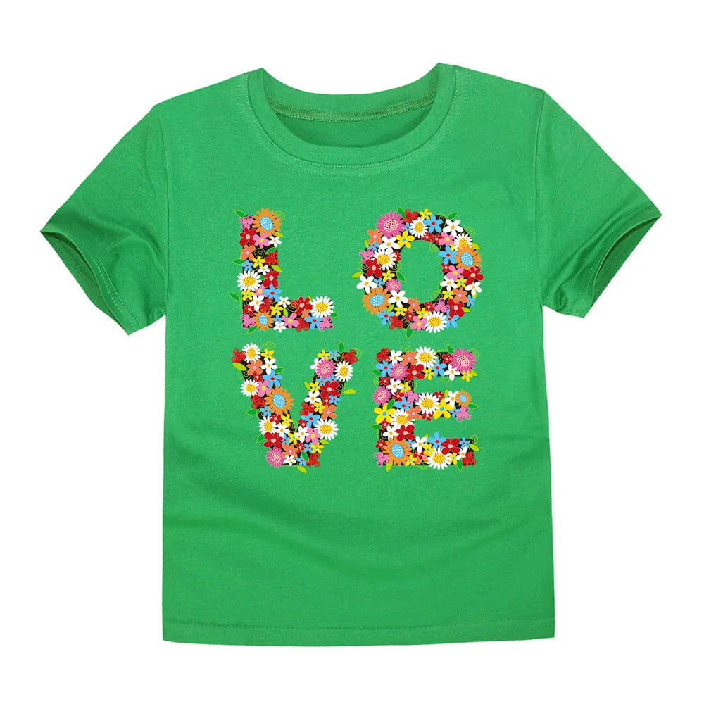 Children's cotton knitted cartoon heat press round neck short sleeve T-shirt in TTTG7 colour on child model
