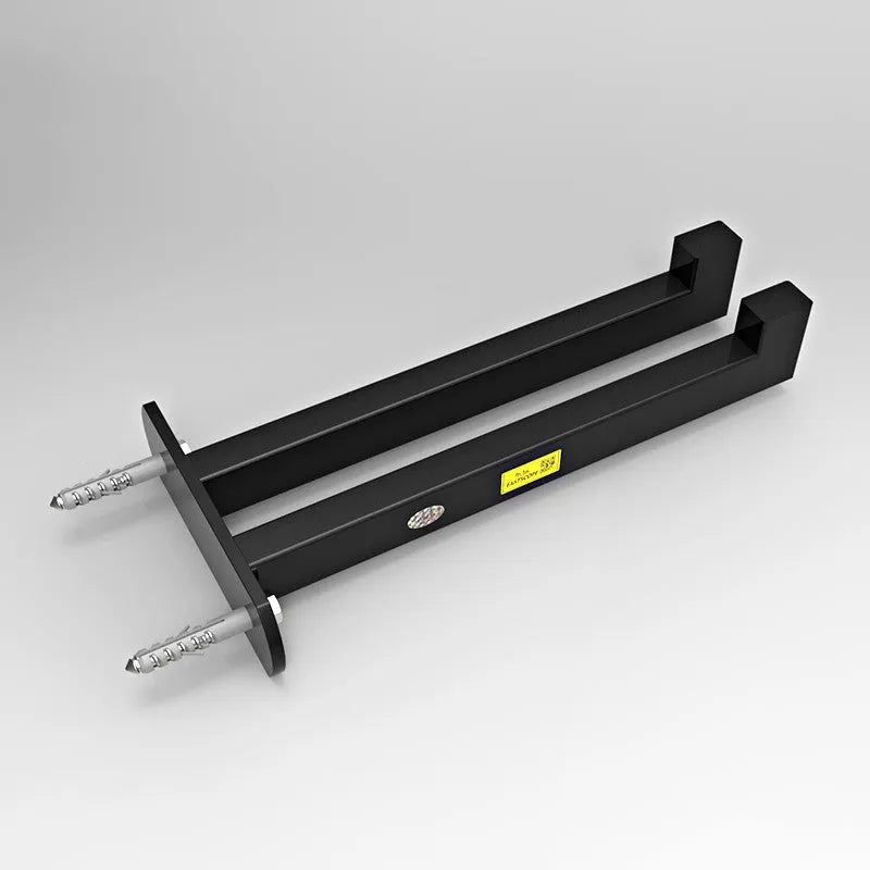 Wall-mounted black steel barbell rack holding multiple Olympic bars against a wall